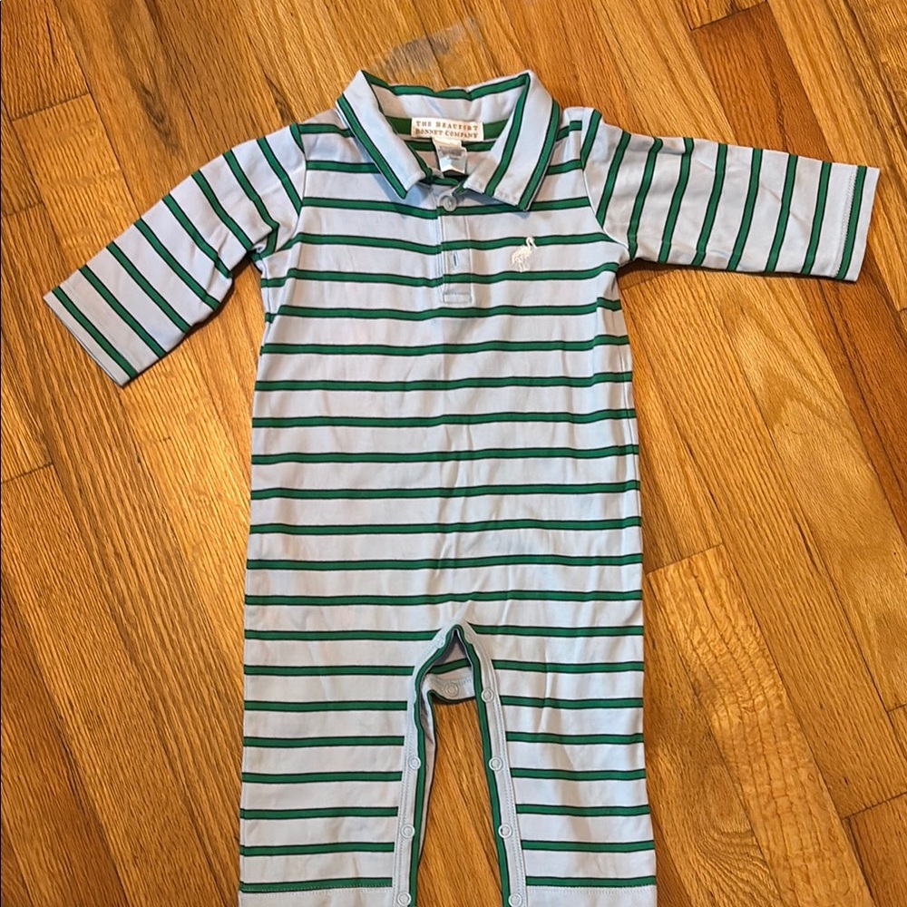 The Beaufort Bonnet Company Blue and Green Striped Bodysuit
